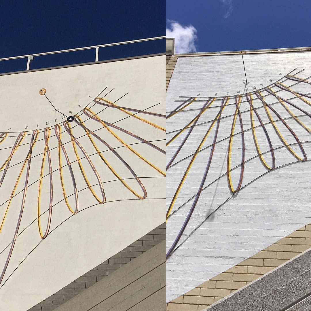 Left: Photo taken on the winter solstice (June 22, 2017). Right: Photo taken on the summer solstice (December 21, 2016). The wall approximately faces north. The right hand side of the photo points westward.